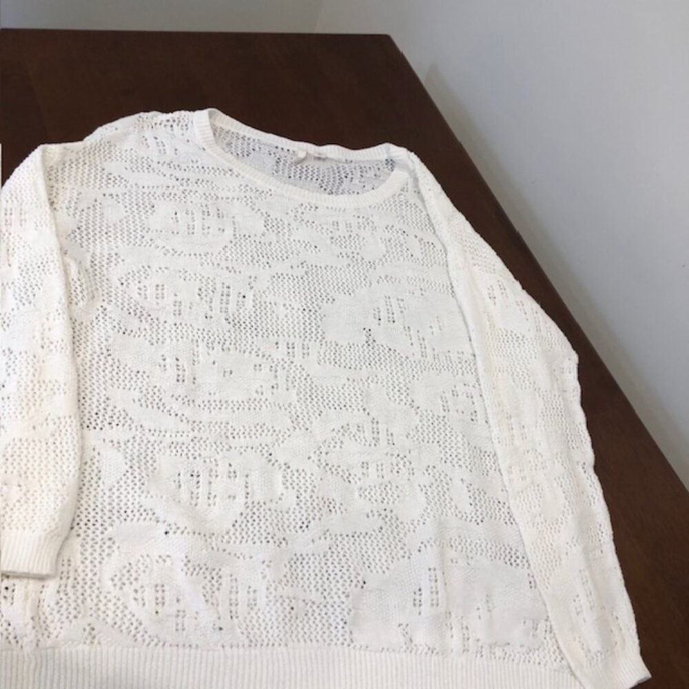 Frenchi Crochet Loose Knit Boatneck White Cotton Top Size M.